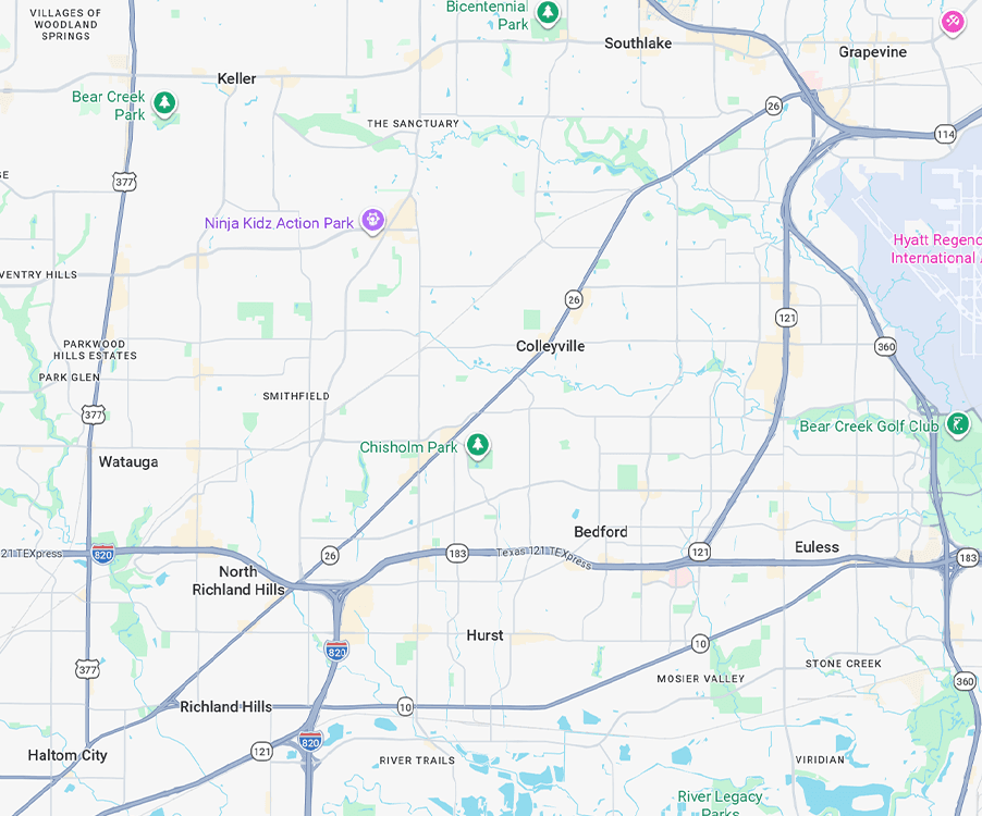 American Air Masters service area map Texas Map showing the American Air Masters service area in the Mid-Cities, Arlington, and surrounding North East Tarrant County communities